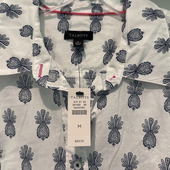 NWT Talbots size M White and Blue Pineapple Print Shirt - Picture 3 of 4